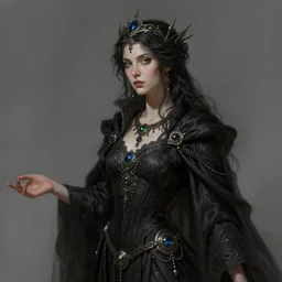 Portrait of female sorcerer, dark fantasy, medium shot, intricate, ornate, elegant, highly detailed, digital painting, volumetric light,, artstation, concept art, smooth, sharp focus, illustration, art by artgerm and brom and greg rutkowski and alphonse mucha