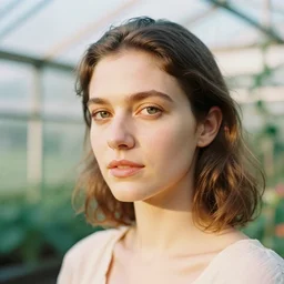 head and shoulder, close up portrait photograph of a woman inside a greenhouse by nina masic. pastel colors. portra 4 0 0 film. mamiya 7. highly detailed. hq. photoreal. golden hour.