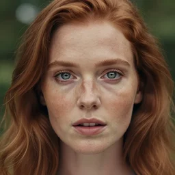 close up hald face portrait photograph of a redhead woman with stars in her irises, and freckles. Wavy long hair. she looks directly at the camera. Slightly open mouth, face covers half of the frame, with a park visible in the background. 135mm nikon. Intricate. Very detailed 8k. Sharp. Cinematic post-processing. Award winning portrait photography