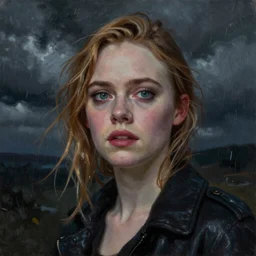 Elle Fanning in the style of Paola Vetri, head and shoulders portrait, stormy weather, extremely detailed masterpiece, oil on canvas, low-key neon lighting, artstation, Blade Runner 2049, Roger Deakin’s cinematography, by J. C. Leyendecker and Peter Paul Rubens and Edward Hopper and Michael Sowa,