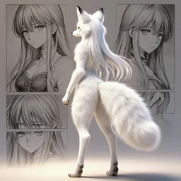 the full body of anthropomorphic lynx fursona from behind wearing as unimaginably beautiful, gorgeous, elegant, young woman with lynx head, fluffy tail, paw pads, by furaffinity, anime, manga, kim jung gi, irakli nadar, intricate linework, white fur, unreal engine 5 highly rendered, global illumination, radiant light, detailed and