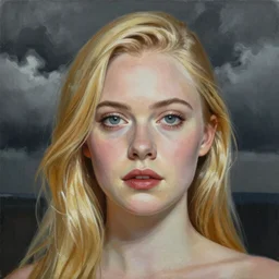 professional painting of Elle Fanning in the style of Hsiao-Ron Cheng, head and shoulders portrait, symmetrical facial features, smooth, sharp focus, illustration, intricate, stormy weather, extremely detailed masterpiece,