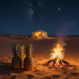 of pineapples by a campfire in the desert, night, stars, tabernacle, painted by richard corben