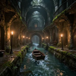 inside the ancient flooded sewers in the old part of the city. fantasy art, layers of architecture, adventure, wet, standing water, channel, canal, boat, lamp, running water, stream, channel, musty, moss, sewage, dark, underground, abandoned spaces, torch - lit. by piranesi and fred fields