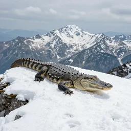 photo of an aligator on snowy mountain peak, snow, 50mm, beautiful photo