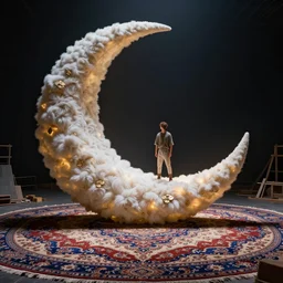 giant crescent under construction in a magic fluffy persian carpet dimension, by greg rutkowski and gaston bussiere, dim lighting, beautiful volumetric - lighting - style atmosphere, surreal atmosphere, intricate, detailed, photorealistic imagery, artstation