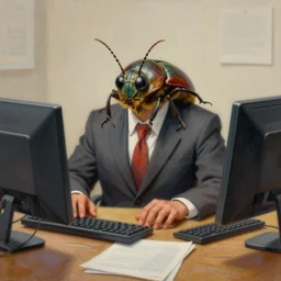 a detailed pastel painting of a bug insect wearing a business suit and working behind the computer in the office. digital art, trending on artstation, 8k, hyper realistic in the style of Grant Wood