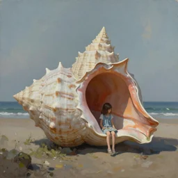 painting of a single giant seashell house where a young girl lives by john harris, atmospheric, concept art
