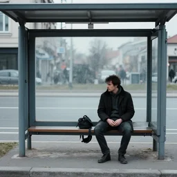 lonely man waiting at the bus stop, rinat voligamsi