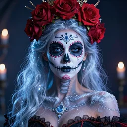 ice queen, dia de los muertos makeup, day of the dead outfit, decorative roses, by wlop and greg rutkowski, magical atmosphere, octane render, trending on artstation, hyperdetailed face, cinematic, hyper realism