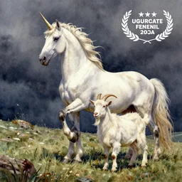 watercolour painting of a unicorn and a goat