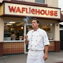 wafflehouse restaurant cook standing outside smoking a cigarette