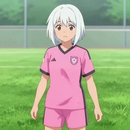 teenage hispanic girl with short white hair wearing a pink soccer uniform, anime screenshot