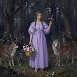 random, intuitive by leticia gillett, by jozsef rippl - ronai light violet. a experimental art of a vasilisa standing in the forest, surrounded by animals. she is holding a basket of flowers in one hand & a spindle in the other. gentle expression. in the background, the forest is dark & mysterious.