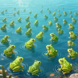 hyper realistic cute frogs everywhere are swimming under vast sea, by simon stalenhag,, high fantasy, cgsociety, cheerful colours, full length, exquisite detail, post - processing, masterpiece, cinematic, 4 k, 8 k