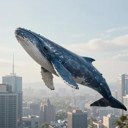 a huge blue whale is floating in mid air near a skyscraper, epic, cinematic shot, soft light, soft colore, artstation, atmosphere, high definition
