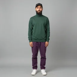a young man with a chin - style dark brown beard without mustache in a dark black cap, green turtleneck, purple pants and super white sneakers in full height, perfect face, without mustache