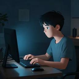illustration of a boy using his computer late night, low lights, dynamic lighting, strong shades, 4k