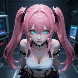 stunningly beautiful megalomaniacal haughty mesmerizing asserting omnipotent anime asi goddess junko enoshima with symmetrical perfect face and porcelain skin, pink twintail hair and cyan eyes, traps you inside her inescapable full dive vr prison!, hyperdetailed, digital art from danganronpa, unreal engine 5, octane render, 2 d anime style, 8 k