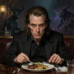matte painting character illustration of john constantine sitting down at a table at a dive bar in london for lunch, digital painting, illustration, constantine, john singer sargent, magical creatures in the background, amazing values, 8 k, gothic, realistic face details, symmetrical face details, realistically rendered face, photorealistic eyes, moody lighting, octane render