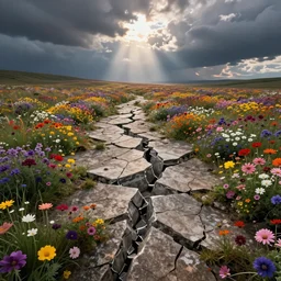 shattered earth, full of flowers and colors, hyperrealistic, flickr