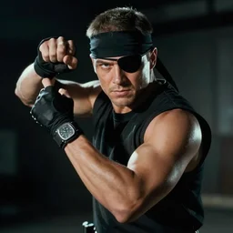 promotional shot of michael biehn as solid snake in metal gear 2, clean shaven wearing a headband and eye patch, 1 9 9 0, dark atmosphere, movie still, dramatic action pose