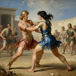 Black-haired Saiyan warrior girl fighting in Roman Coliseum, gladiatorial deathmatch, neoclassical art, neoclassical painting