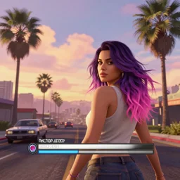 a stunning GTA V loading screen with a beautiful woman with ombre hairstyle in purple and pink blowing in the wind in the city at sunset, outrun, vaporware, palm trees, retro, beautiful sky with cumulus couds, digital art, trending on artstation