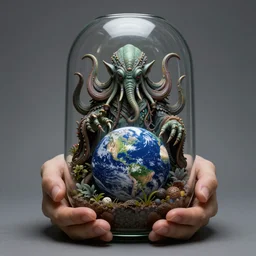 miniature terrarium containing the earth in the hands of Cthulhu , subject in the center of the frame, wide angle shot, diffuse lighting, fantasy, intricate, elegant, highly detailed, lifelike, photorealistic, digital painting, illustration, concept art, smooth, sharp focus, A24!film cinematography