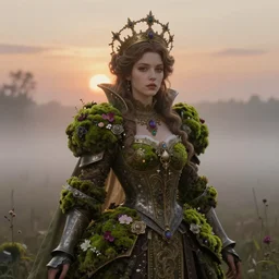 epic hyperdetailed portrait of beautiful queen's flower moss knight girl in the fog. by greg rutkowski, highly detailed portrait, digital painting, artstation, concept art, smooth, sharp foccus ilustration, artstation hq. intricate, elegant. art by wlop and artgerm and greg rutkowski and alphonse mucha, masterpiece. medium shot. sunset dramatic