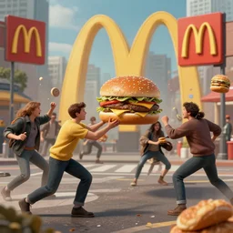 people riot for getting macdonalds hamburgers. artstation, art surreal