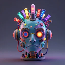 a glossy claymodel of a steampunk robot head, top of the head is covered with wires and multicolored glowing tubes, 8 k, front view, symetrical, flourescent colors, halluzinogenic, multicolored, insanely detailed, 3 d render, octane