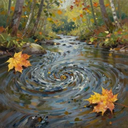 a small eddy in a forest river, two autumn maple leaves circle around on opposite sides at the edges of the whirlpool, oil painting, midday,