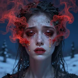 crying face of gorgeous woman made of red smoke and ash with golden tears, art by beksinski, deep eyes, dark blue atmosphere, snow landscape background, concept art, artstation, art by anato finnstark