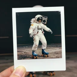 Astronaut with vintage boom box on his shoulder on roller skates Polaroid photo photorealistic unreal engine high resolution 8k