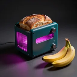a dark teal machine with magenta LED Lighting, Bread and Bananas