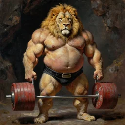 oversized muscular lion as strongmen powerlifter human legs full body portrait pose , very textured detailed oil painting by rembrandt , hard backlight , in dark cave