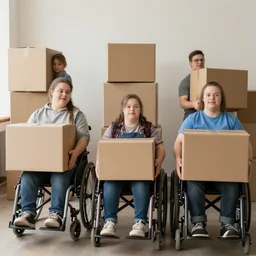 5 young disabled people with downsyndrome moving, they carry cardboard boxes
