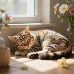 a digital art of a cat sleeping in the room with flowers around in the afternoon, the sun shines in, animal, light effect, highly detailed, by anton fadeev
