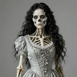 a skeleton woman with crystals growing from her face and body, victorian era dress, long hair