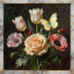 bouquet of tulips, roses and an opium poppy, with a pale clouded yellow butterfly, a red longhorn beetle and a sevenspotted ladybug by flemish - born painter gerard van spaendonck. oil on marble