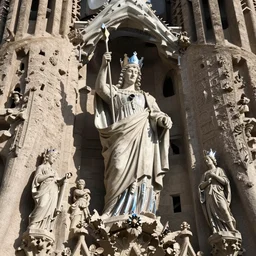 a cinematic view of a ornated intricate gothic sacred statue of saint george made in light concrete, with few ornaments in shiny polished chrome, sculpted by gaudi