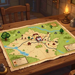 paper map of middle earth on a table in a fantasy tavern, artstation, pixel art