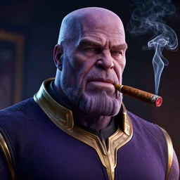 a dramatic commission of thanos smoking a cigar,dramatic,award winning,inspirational,digital art,art by greg rutkowski,photorealistic,highly detailed,detailed face,professional lighting,deviantart,artstation,cg society