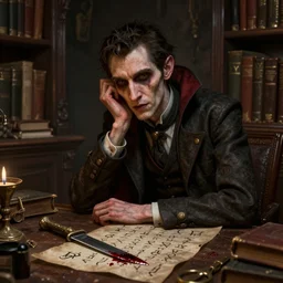 detailed photorealistic matte painting night portrait of single neurotic british man thin face confidant vampire in a dusty underground library cluttered with paraphernalia bloody knife on table scattered runes atmospheric hdr vivid color octane render unreal engine subsurface scattering greg rutkowski artstation