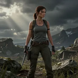 Ellie from the Last of Us, as Lara Croft, film still from 'Tomb Raider'