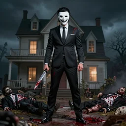man in strict suit with white mask, evil smile mask, house on background, bloody knife in right hand, blood on body, dead bodies around, full body, extremely detailed, sharp focus, professional photographer, professional model