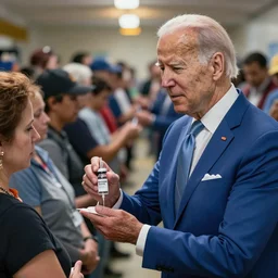 Joe Biden giving out monkey pox vaccine to thousands of people in a line photo