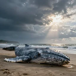 a grey giant dead whale washed up on a beach