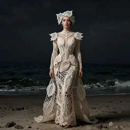 an woman standing on a beach, made of intricate decorative lace leaf skeleton, in the style of the dutch masters and gregory crewdson, dark and moody